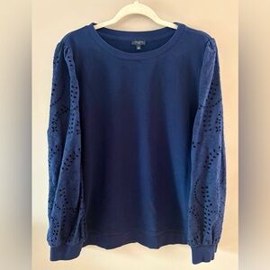 Talbots 2X Dark Blue Top With Swiss Eyelet Sleeves
